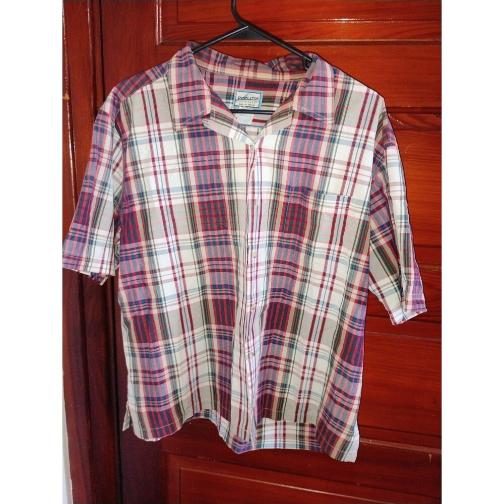 Sz XL Pendleton Plaid Button Front Shirt Blue Red 100% Cotton